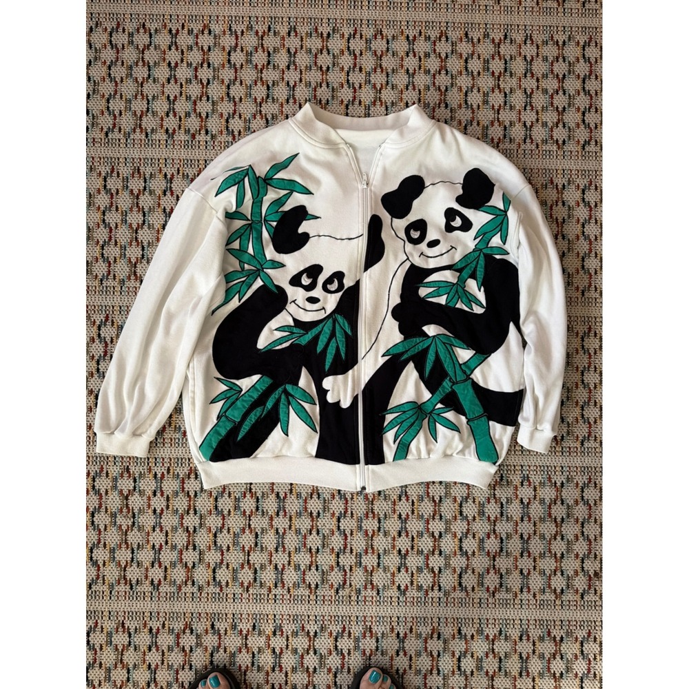 Vintage Panda Bamboo Applique Zip Up Bomber Sweatshirt White Women XL